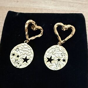 Gold Heart Drop Earrings with Star-Cut Medallions